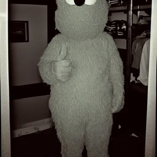 Image similar to grainy photo of the cookie monster as a creepy monster in a closet, harsh flash