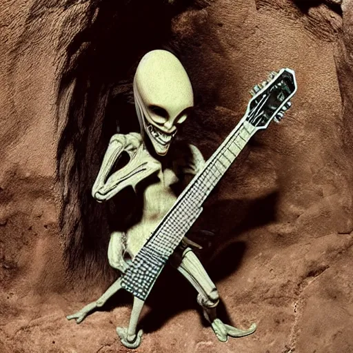 Prompt: a guitar being played by an alien in a cave in the style of H.R Giger