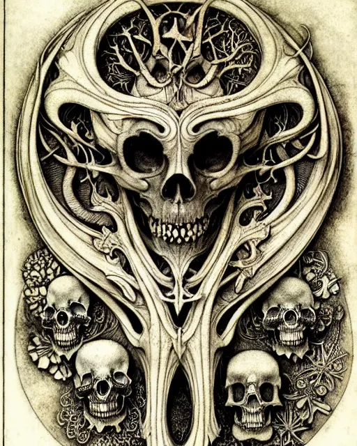 Image similar to memento mori by arthur rackham, art forms of nature by ernst haeckel, exquisitely detailed, art nouveau, gothic, ornately carved beautiful skull dominant, intricately carved antique bone, art nouveau botanicals, ornamental bone carvings, art forms of nature by ernst haeckel, horizontal symmetry, arthur rackham, ernst haeckel