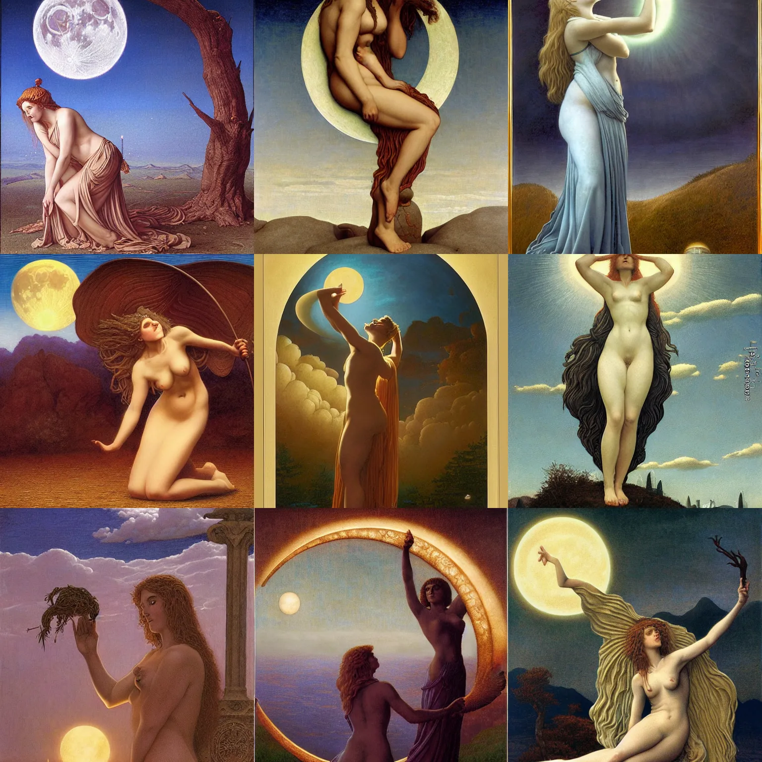 Prompt: the goddess of witchcraft draws down the moon by Christophe Vacher and Gil Elvgren and Edward Burne-Jones
