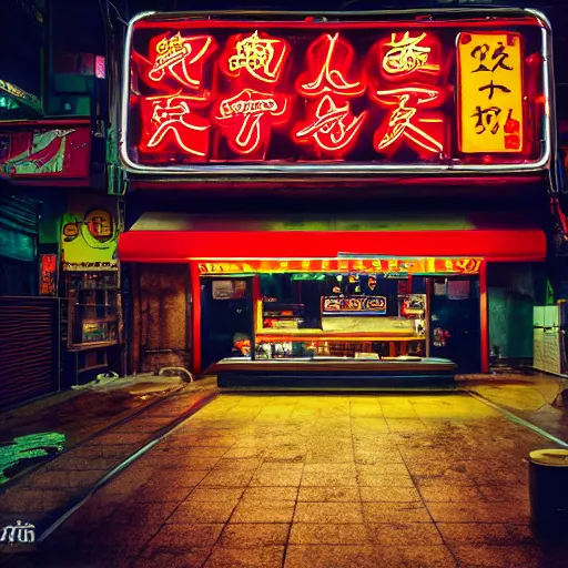 Prompt: a street noodle bar in the rainy city of neotokyo, a steaming bowl of ramen sitting on the table against the rainy background of neon signs, cyberpunk, futuristic, grungy, hd, 4 k, very detailed, polaroid photograph