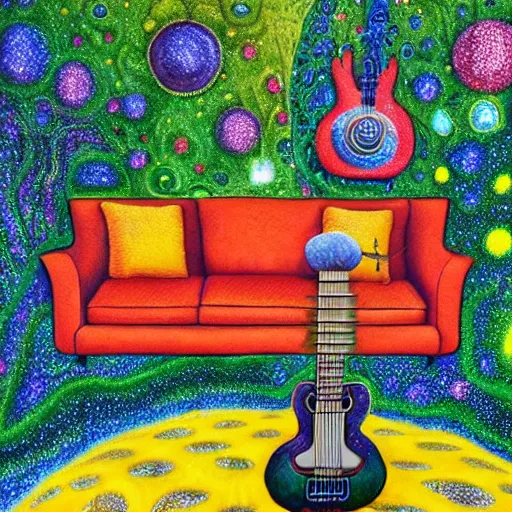 Image similar to psychedelic couch sofa in the lush forest, guitar, milky way, designed by moebius, rob gonsalves, gustav dore, giuseppe arcimboldo and carl barks, louis wain, trending on artstation, canada, star, sharp focus, colorful refracted sparkles and lines, soft light, 8 k 4 k