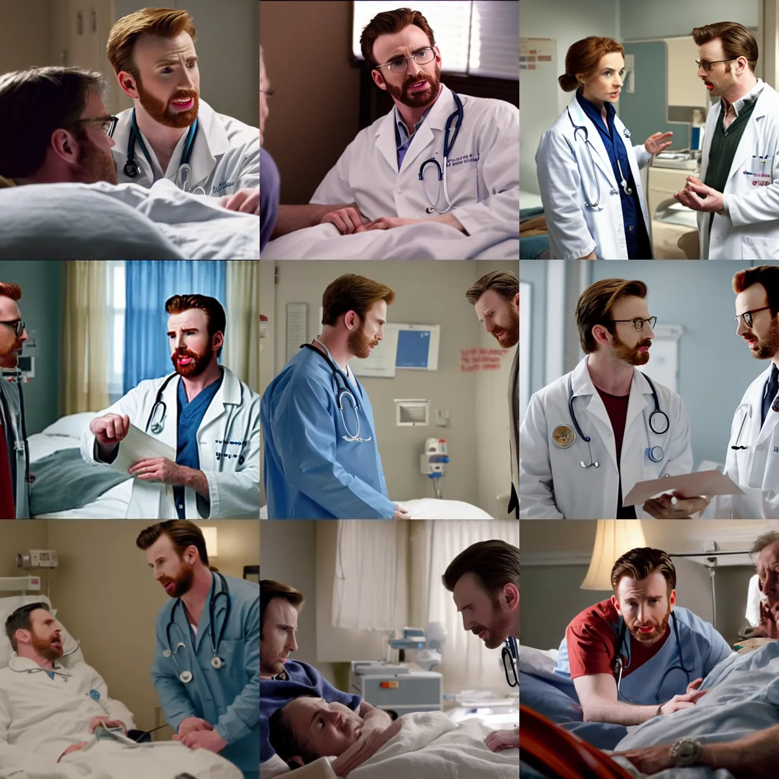 Prompt: a movie scene featuring Chris Evans as a doctor talking with a sick patient in bed who is Chris Evans, a nurse who is Chris Evans stands nearby with a chart, directed by Stephen Spielberg