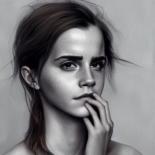 Image similar to emma watson a mouth a bit open, two eyes half closed and half a smile on her soul makes a beautiful portrait on the wall. by artgerm, alina ivanchenko, ruan jia and mandy jurgens