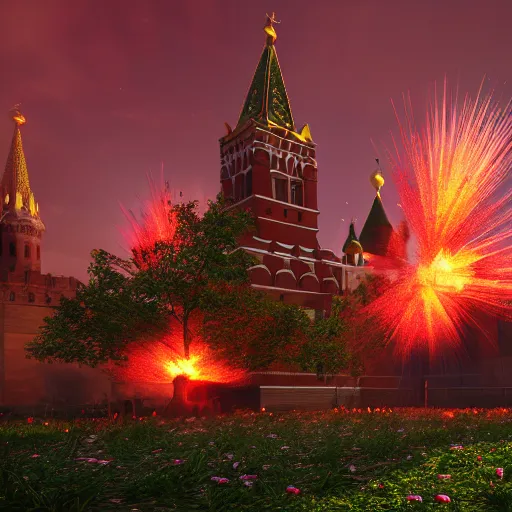 Image similar to a big explosion in the form of cotton plant in Red Square Kremlin, horrifying dynamic lighting, cinematic, extremely high detail, photo realistic, cinematic lighting, post processed, concept art, artstation, matte painting, unreal engine 8k