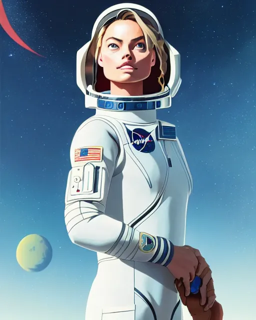 Image similar to azctec astronaut, margot robbie, detailed perfect face, exquisite details, fire magic, mid view, design on a white background, by studio muti, greg rutkowski makoto shinkai takashi takeuchi studio ghibli