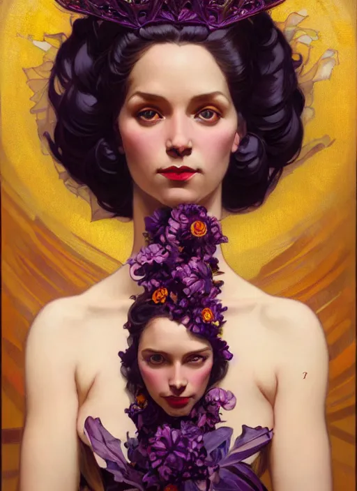 Prompt: leyendecker, brom, lovely tiger queen, portrait, long hair, crown, flowerpunk, crystal coated dark dark violet flowers, by greg rutkowski, anato finnstark, alphonse mucha, global illumination, radiant light