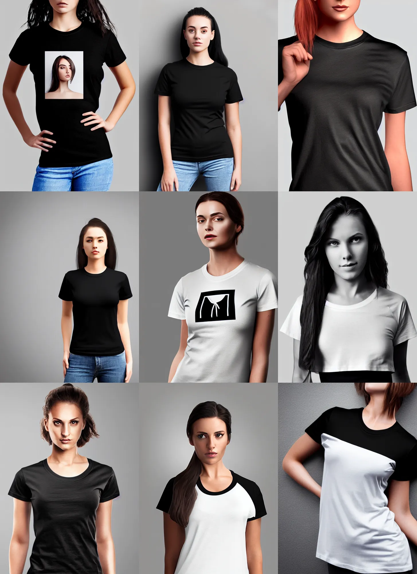 Prompt: photorealistic mockup product photograph of a blank black tshirt on an attractive female model