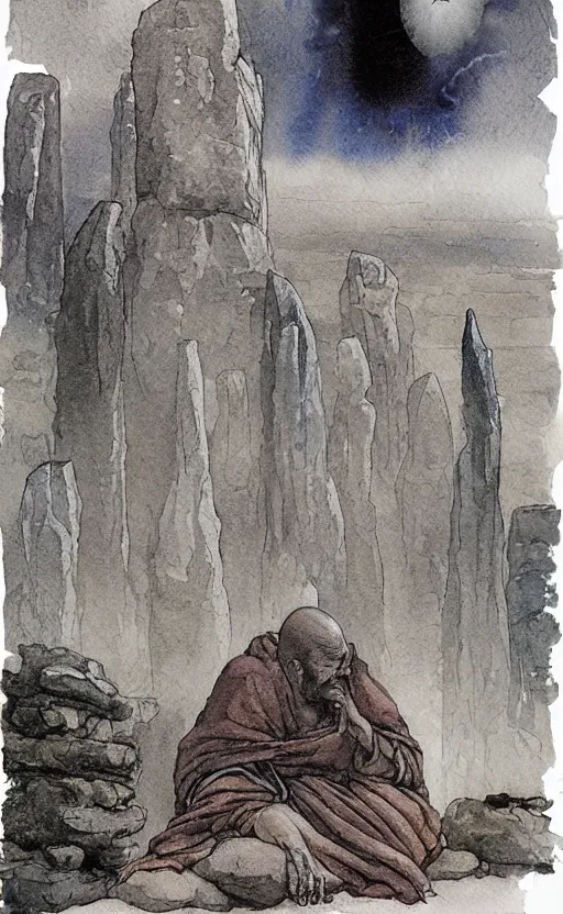 Image similar to a realistic and atmospheric watercolor fantasy concept art of giant monk with an elongated head in grey robes sitting in stonehenge. in the background a ufo is in the sky. by rebecca guay, michael kaluta, charles vess