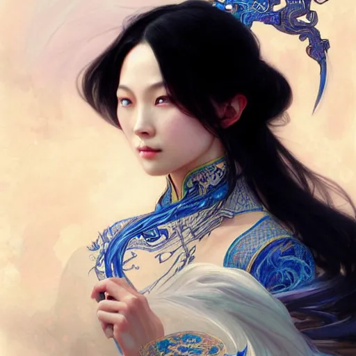 Image similar to Chinese beauty, D&D, blue eyes, black hair, fantasy, intricate, elegant, highly detailed, digital painting, artstation, concept art, smooth, sharp focus, illustration, art by artgerm and greg rutkowski and alphonse mucha