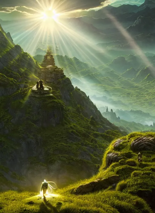 Image similar to a cosmic monk in lord of the rings scenery landscape, looking out at a vast lush valley at sunrise, alien temple on another planet, god's rays, highly detailed, vivid color, cinematic lighting, perfect composition, 8 k, gustave dore, derek zabrocki, greg rutkowski, belsinski, octane render