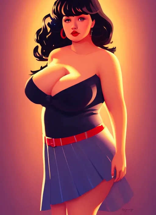 Image similar to full body portrait of teenage veronica lodge, obese, bangs, sultry, realistic, sultry smirk, wavy hair, red skirt, fat, belly, intricate, elegant, glowing lights, highly detailed, digital painting, artstation, concept art, smooth, sharp focus, illustration, art by wlop, mars ravelo and greg rutkowski