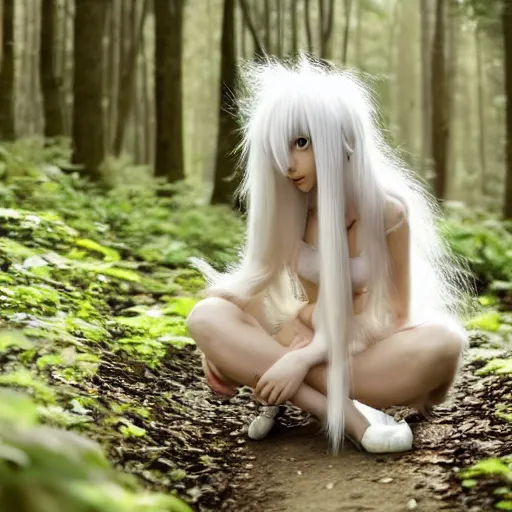 Image similar to a cute white long haired anime foxgirl, in a forest