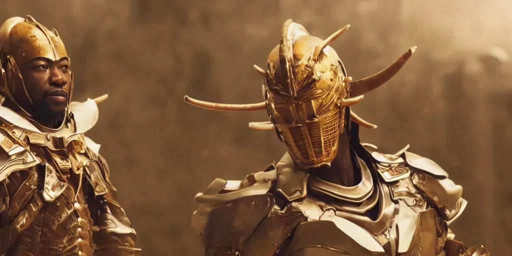 Image similar to a film still of a black man starring in a japanese blockbuster film as yoshimitsu, shallow depth of field, cinematic, award winning cgi, vfx, film still