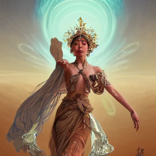 Prompt: a goddess dancing in the desert, glowing eyes, fantasy, intricate, realism, highly detailed, digital painting, artstation, concept art, smooth and sharp focus, illustration, art by tan zi and ayanamikodon and alphonse mucha and wlop