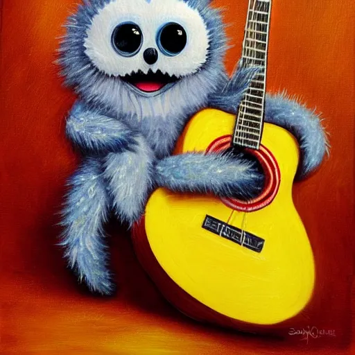Image similar to medium shot, cute lucas the spider, fluffy spider, plays the guitar, 3 d art, oil painting