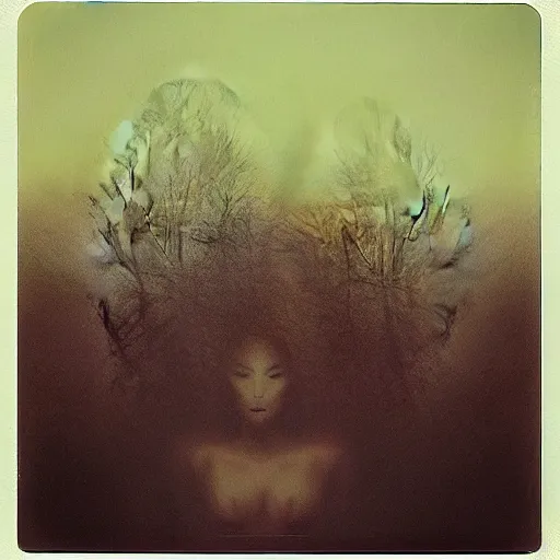 Image similar to polaroid of a surreal artsy dream scene, double exposure