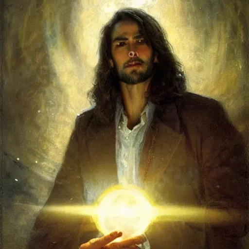 Prompt: a handsome slender young man with wavy brown hair summons a ball of light into his hand. urban fantasy. modern. dramatic. cinematic. holy. saintly. demigod. lord of light. detailed. sharp. photo realistic. realism. gaston bussiere. phil hale