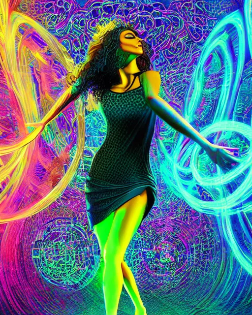 Image similar to a powerful energy psychedelic matrix latin woman, by alexander fedosav, hyper detailed digital matte painting, concept art, hyperrealism, 1 6 k resolution, cinema 4 d, 8 k resolution, trending on artstation, behance hd, a masterpiece, by stephan martiniere, particles, cel - shaded, power bright neon energy, by david a. hardy