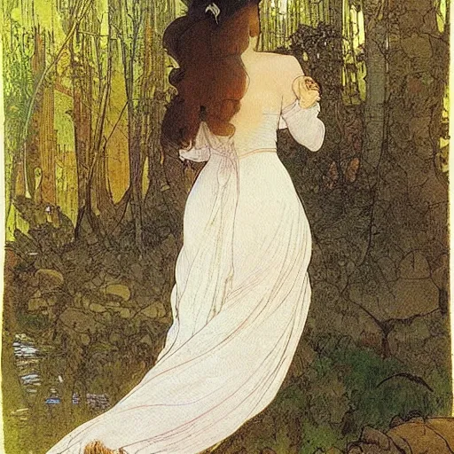 Prompt: a beautiful painting of the back view of a young lady in white dress washing her long hair by the river in a grown forest, sunlight reflected on the river, by Mucha and Moebius