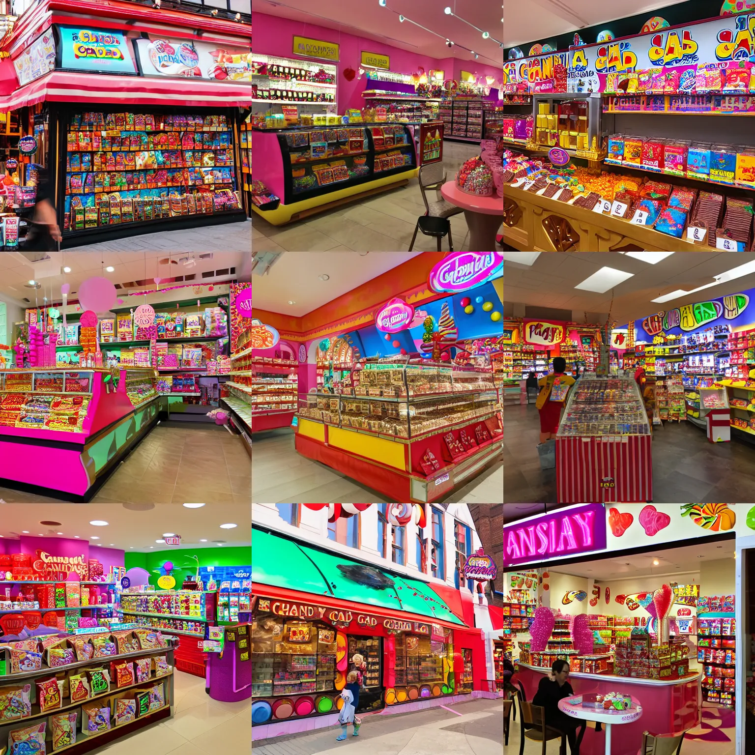 Prompt: big candyland shop, chocolate shop, snacks shop in time quare