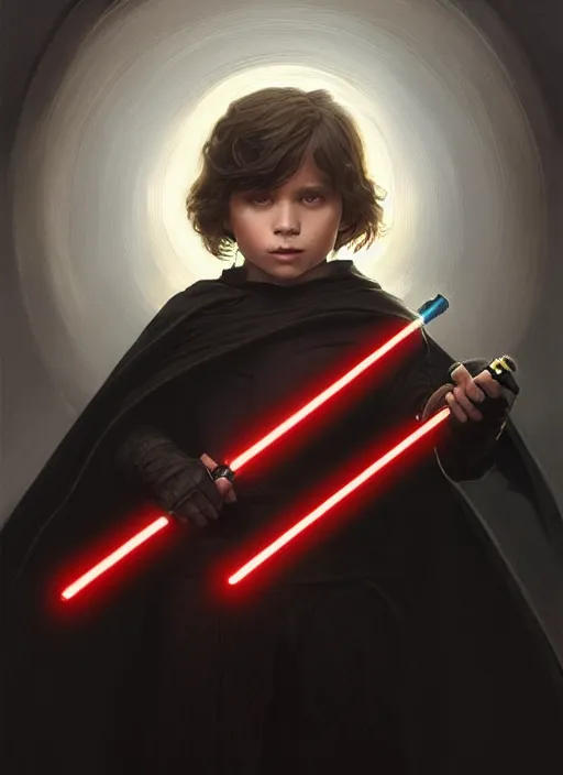 Image similar to perfectly - centered - portrait of a kid wearing black cloak holding light saber, intricate, highly detailed, digital painting, artstation, concept art, smooth, sharp focus, illustration, unreal engine 5, 8 k, art by artgerm and greg rutkowski and alphonse mucha