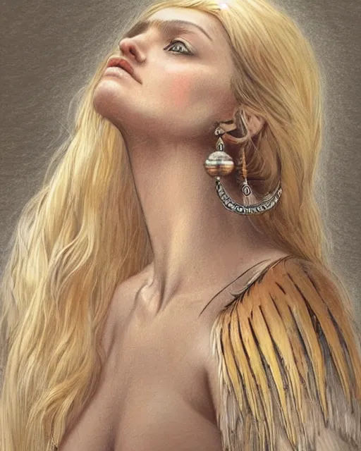 Prompt: pencil sketch of beautiful greek goddess aphrodite with arrowhead earrings and beautiful feather jewelry, beautiful piercing eyes, beautiful blonde hair, hyper realistic face, in the style of greg rutkowski, fantasy, amazing detail, epic, elegant, smooth, sharp focus, from the front