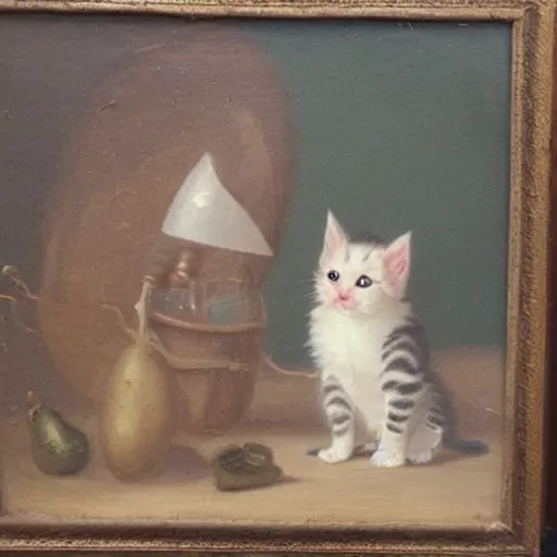 Prompt: an eighteenth century highly detailed oil painting of a kitten wearing a chef's outfit