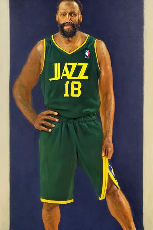 Image similar to full body portrait of the dictator of the nba utah jazz, 1 8 8 9, in full military garb, navy blue, green, yellow, oil on canvas by william sidney mount, trending on artstation