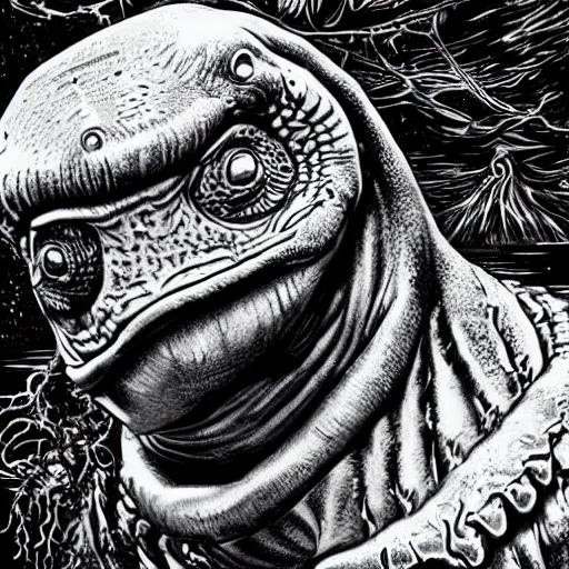 Prompt: highly detailed illustration of gill - man from creature of the black lagoon, hyper realistic, sci - fi horror art, mega detailed, full color, hd