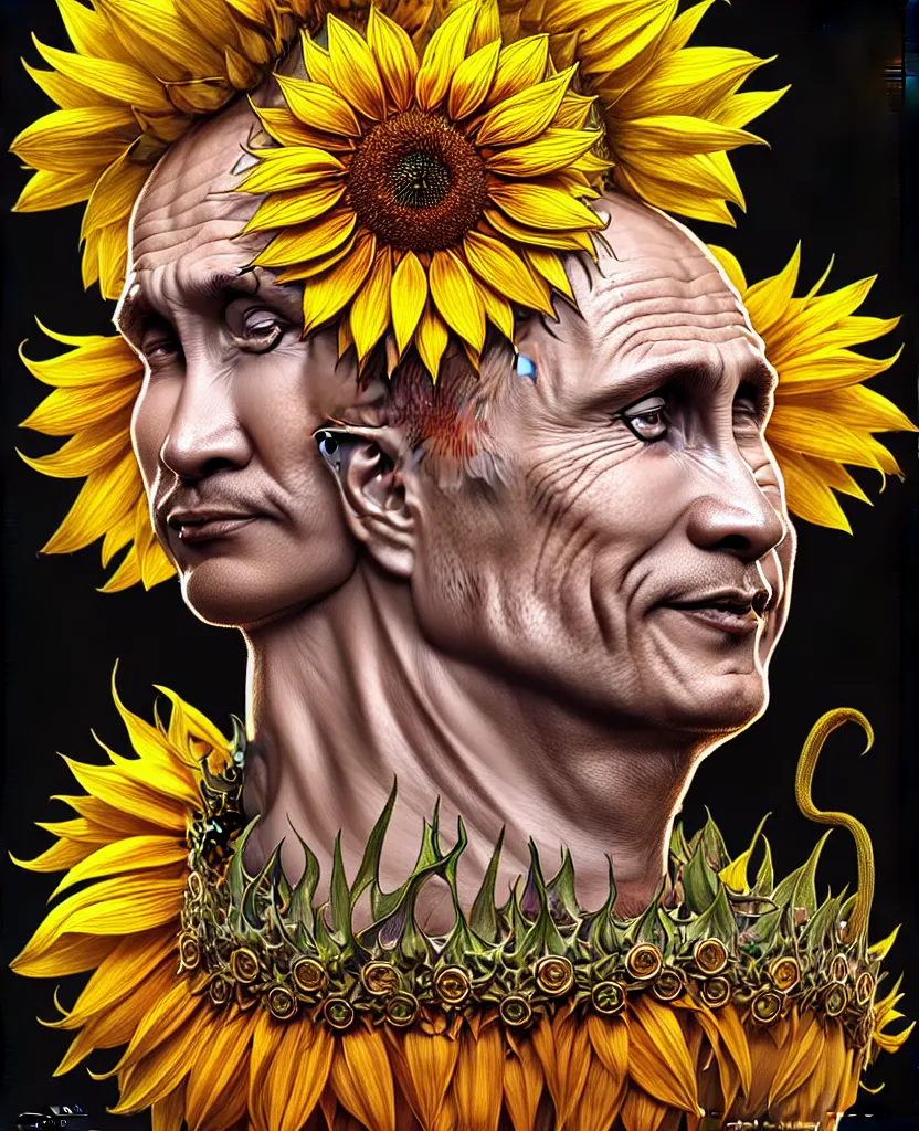 Image similar to digital art, centered full body of Putin smiling king, Sunflower crown, ,intricate, veins, by James Jean and by artgerm , by ross tran ultradetailed, charachter design, concept art, trending on artstation,