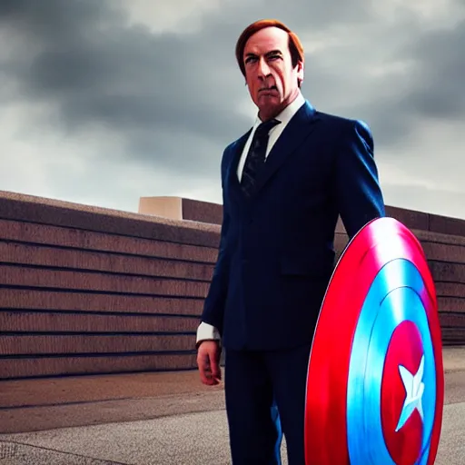 Image similar to Saul Goodman as Captain America, Dramatic pose, 8k,