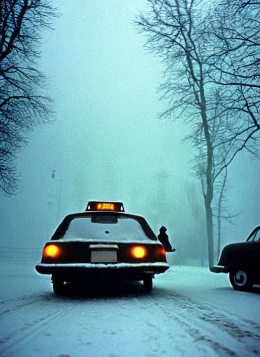 Image similar to emma getting out of taxi in winter, faded color film, russian cinema, tarkovsky, kodachrome, heavy fog, 4 k, dramatic lighting, greg rutkowski