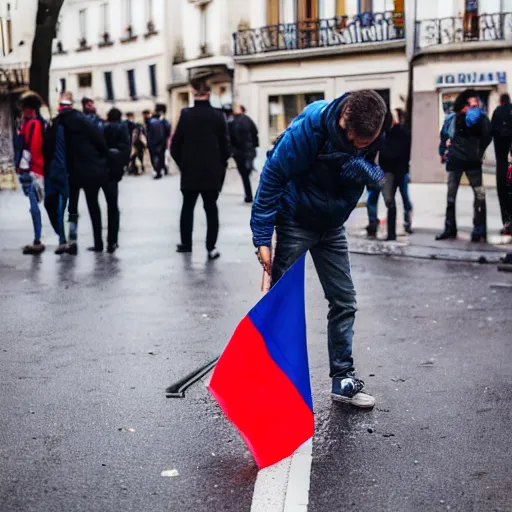 Image similar to a guy who looks like emmanuel macron is pissing on the a french flag in the street, 5 0 mm lens, street photography