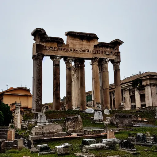 Image similar to Filmed photo of Rome necropolis, with satanic sculls