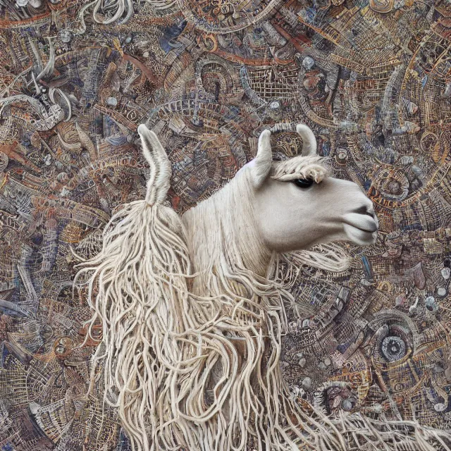 Image similar to llama with dreadlocks, detailed, by ernst haeckel, james jean, el anatsui, mandy jurgens