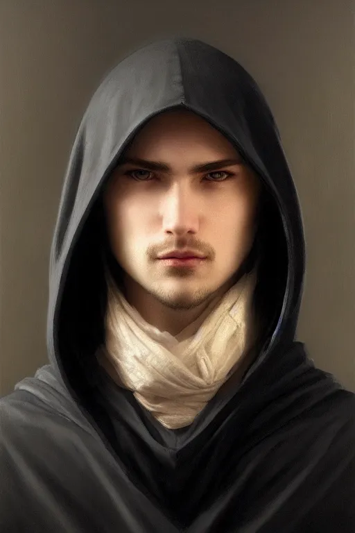 Prompt: He wears a hood to hide his features, but upon closer inspection you discover that half of his face is not what it should be, illustration, soft lighting, soft details, dark mood, painting oil on canvas by Edmund Blair Leighton and Charlie Bowater octane render trending on artstation d&d characters, 4k, 8k, HD