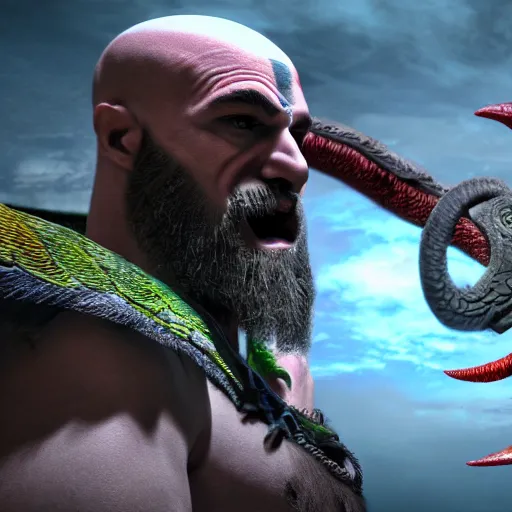 Prompt: kratos fighting quetzalcoatl, 4 k cinematic render