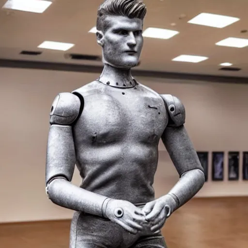 Prompt: a realistic detailed photo of a guy who is an attractive humanoid who is half robot and half humanoid, who is a male android, soccer player timo werner, shiny skin, posing like a statue, blank stare, by the pool, on display, showing off his muscles, humanoid robot, frozen ice statue, made of ice