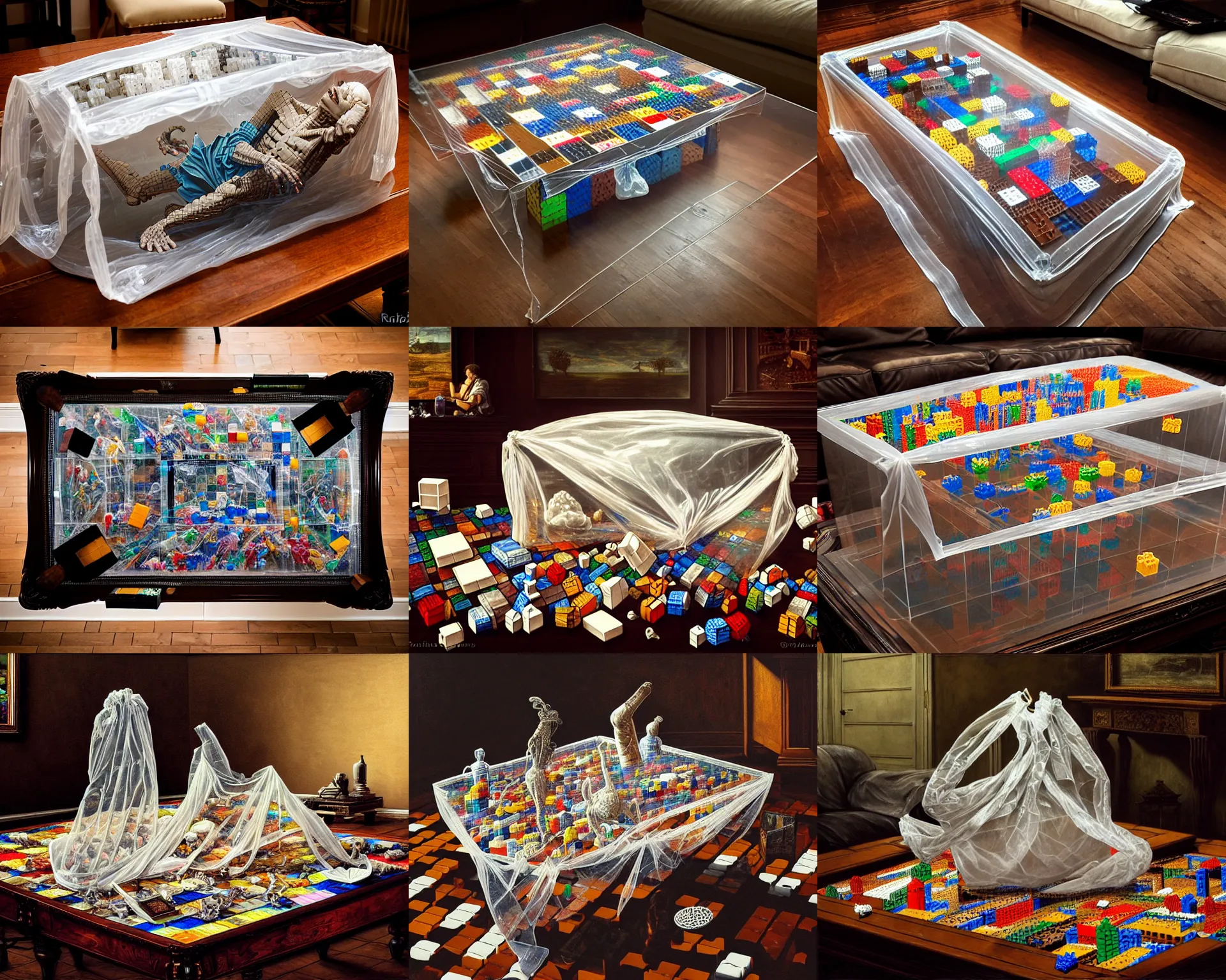 Prompt: transparent plastic bag sitting on an antique coffee table in a room full of rubix cubes, realism art, ultra realistic, cinematic, cinematic, wide angle, intricate details, highly detailed by nance danforth, caravaggio, aaron horkey, boris vallejo, wayne barlowe, craig mullins, roberto ferri,