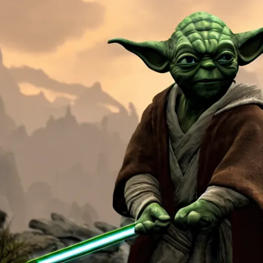 Prompt: Jedi Master Yoda in Skyrim, 4k HDR