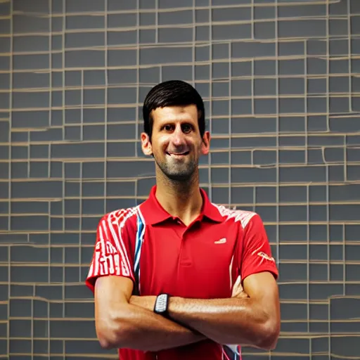 Image similar to novak djokovic as grubhub character, octane render, realistic texture, depth of field, rolleiplex tlr