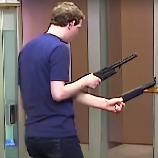 Image similar to cctv footage of mark zuckerberg holding a shotgun in a bank