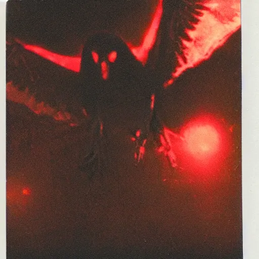 Prompt: Real Polaroid photo of Mothman perched on a bridge, red glowing eyes