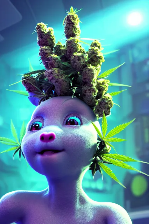 Image similar to high quality 3 d render very cute beautiful creature with a cannabis inflorescence instead of a head, like baby! cosmic marijuana bush, incorporated speakers!, cyberpunk highly detailed, unreal engine cinematic smooth, in the style of blade runner & detective pikachu, hannah yata charlie immer, moody light, low angle, uhd 8 k, sharp focus