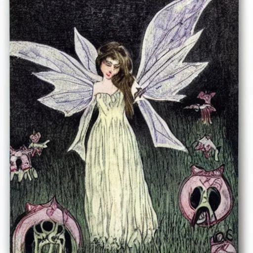 Prompt: fairy with bat wings in a black gown gathering deadly nightshade by Cicely Mary Barker