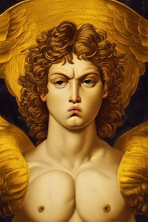 Image similar to archangel Michael, angry face, closeup, ultra detailed, made in gold, Guido Reni style