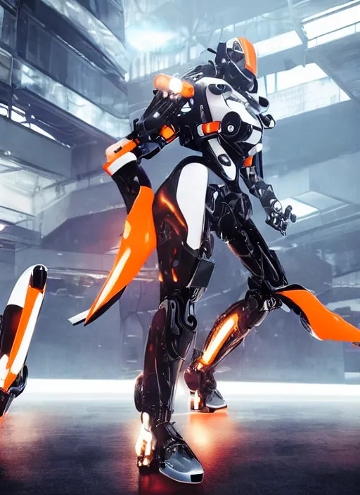 Image similar to a Photorealistic dramatic hyperrealistic full frame render of a Sleek futuristic exosuit Freedom Formula Racing Mech,Ultra realistic details,glossy white metal,Orange racing stripes,weathered surfaces,by Hidetaka Tenjin,Yoh Yoshinori,Yoji Shinkawa,Masamune Shirow,Beautiful dramatic dark moody tones and lighting,cinematic atmosphere,studio lighting,shadows,dark background, Octane render,8K