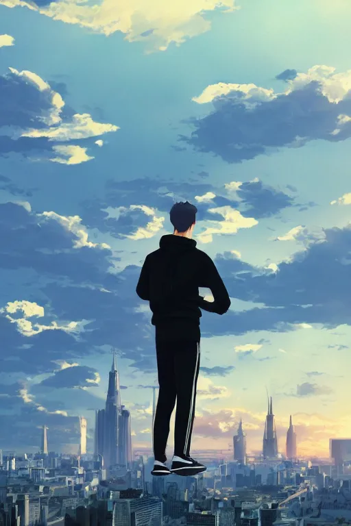 Image similar to Man in black adidas tracksuit looking atop of a urban plateau filled with soviet apartment buildings, golden hour, dreamy, beautiful clouds, ultra detailed beautiful lighting, 4k, wallpaper, russian cityscape, beautiful artwork by Makoto Shinkai