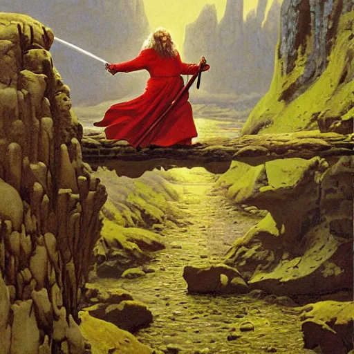 Image similar to Highly detailed oil painting of Gandalf fighting a Fire Dachshund on a narrow rock bridge, underground, intricate artwork by Angus McBride, John Howe, Matthew Stewart, Ted Nasmith, heroic fantasy